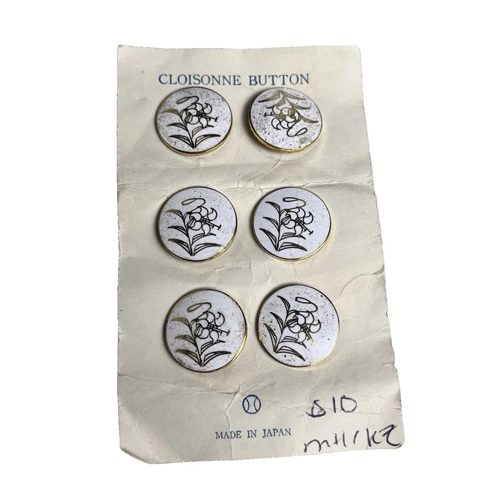Japanese Cloisonne Enamel Buttons Original Card Japan White ENAMEL LOSS spots